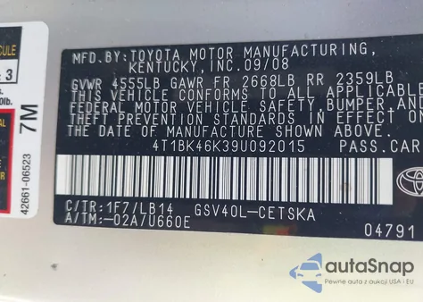 2009 Toyota Camry Se V6 z USA, uszkodzony, nr VIN 4T1BK46K39U092015